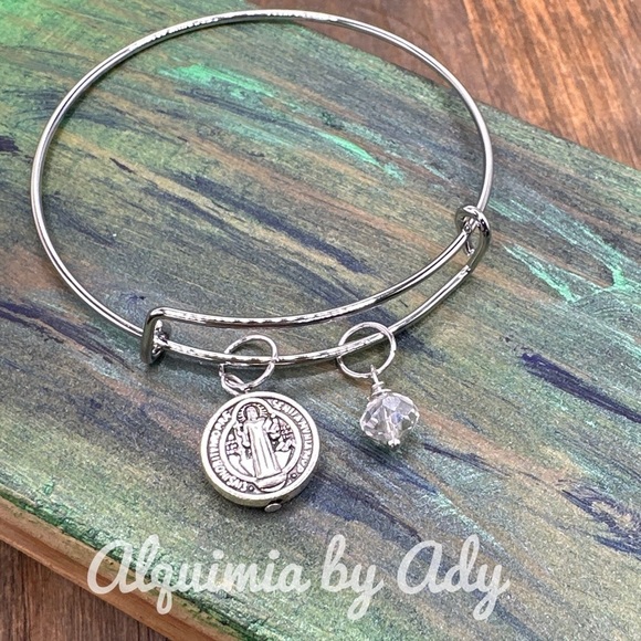 Silver statement adjustable Saint Benedict bangle bracelet rock crystal - Picture 1 of 4